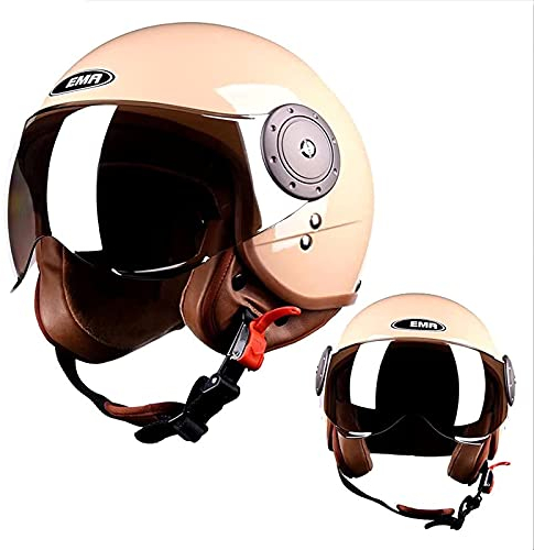 Retro Motorrad Halbhelm 3/4 Open Face Motorradhelme Jugend Roller Moped ATV Jethelme Mütze Für Kinder Männer & Frauen DOT/ECE Zugelassene Erwachsene Sommerhelme (54-61Cm),Beige,A