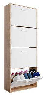 Organize 24 Paar Schuhregale – großes Regal für Flur – MDF im Holzstil – skandinavisches Design – 4 Klappen – L 60 x T 24 x H 150 cm – helles Holz, Weiß