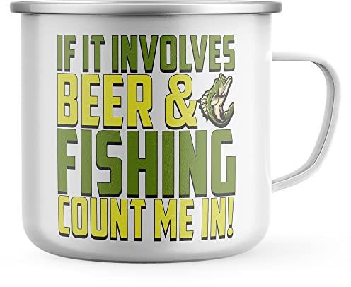 Purple Print House If It Involves Beer And Fishing Count Me In Enamel Mug, Fishing Gifts for Him, Birthday Camping Gift, Camping Coffee Cup for Fisherman, Present For Dad Grandad, One Size, White