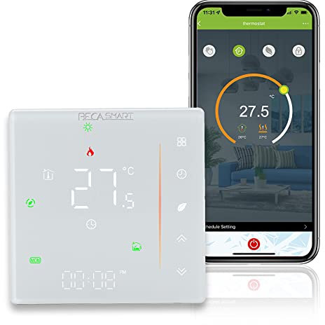 BecaSmart Série 006 Thermostat Intelligent Wi-FI pour Chauffage Électrique 16A Affichage LCD Support Tuya & Smart Life, Seulement WiFi 2.4Ghz, 5+1+1 Programmable Blanc