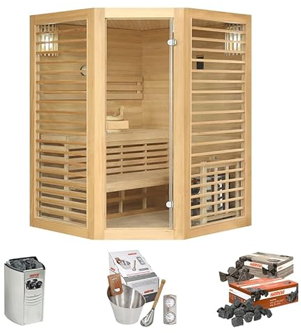 Sauna Neptune 3/4 places Holl's - + Poêle électrique Harvia Vega 4,5 kW + Pack accessoires Premium pour sauna traditionnel Seau & Louche + Hygro/Thermomètre + Pierres de laves
