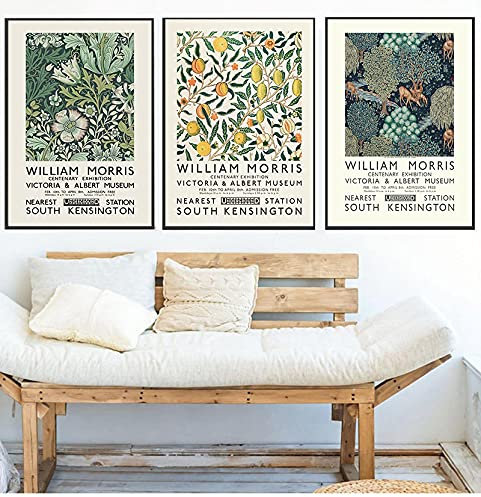 OUSHION ART William Morris Leinwanddruck, Wanddekoration, London Underground, Jugendstil, Gemälde, Retro-Pflanze, Blumen, Früchte, Bild, Wohnzimmer-Dekoration, 83 x 55 cm x 3 Stück, rahmenlos