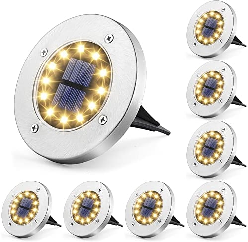 Solpex Solar Bodenleuchten Aussen, 12 LEDs Solarlampen für Außen, 8 Stück Warmweiß, Solar Gartenleuchten Edelstahl Wasserdicht für außen, Garten, Terrasse, Rasen, Hof, Gehweg
