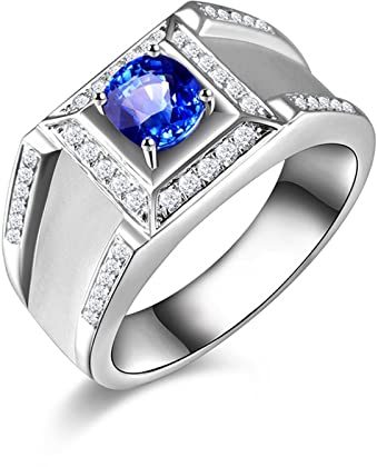 18K Weißgold Damen Ring, Ring Damen Blau Runder Saphir Von 1,195 Karat mit Diamant Von 0,264 Karat Personalisierte Versprechen Ringe Schmuck