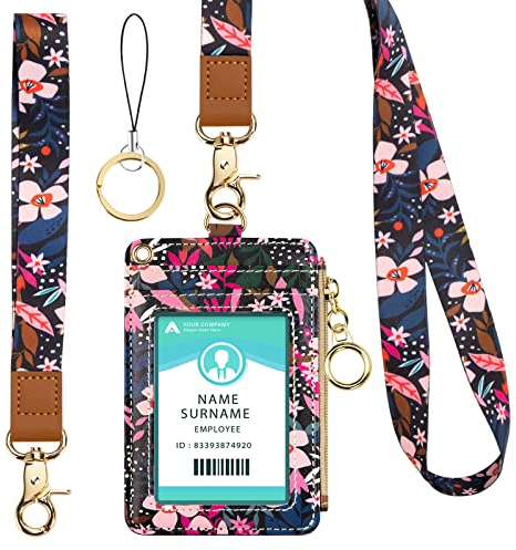 Ausweishülle mit Band, Ausweishalter Ausziehbar, PU Leder ID Card Holder mit Reißverschlusstasche für Personalausweis, Studentenausweis und Busfahrkarte(Pink Flower)