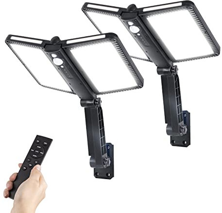 COLBOR Projecteurs Solaires Extérieurs, Lampadaire avec Détecteur de Mouvement 5 Modes 218 LEDs Imperméable IP65 pour Garage Jardin Cour Patio (2 pcs), Projecteur-Solaire-Exterieur-Eclairage-Lampe