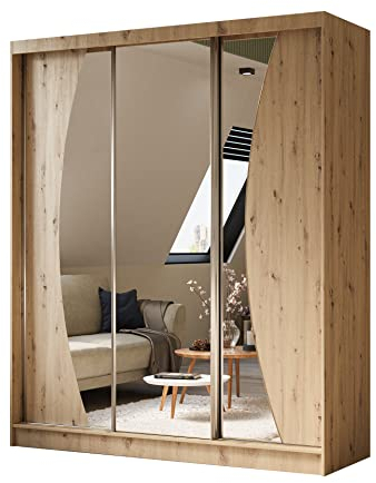 ALTDECOR Kleiderschrank mit Spiegel und Schiebetüren, kugelgelagerte Führungsschienen und Aluminium-Leisten, LED-Beleuchtung (weiß + 16 Farben) und Fernbedienung - VOXI - 180 cm Eiche Artisan
