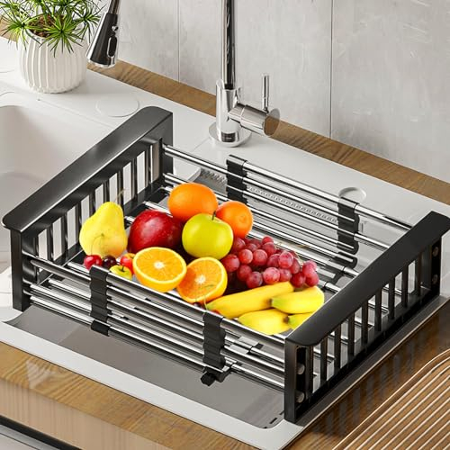 Égouttoir d'Évier Extensible,Egouttoir Vaisselle Inox,Égouttoir à Vaisselle Réglable,Compatible tout Evier,utilisé pour laver la vaisselle dans lévier de la cuisine,égoutter les fruits et légume(Noir)