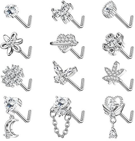 Kakonia 12Pcs 20G Nose Studs L Shape for Women Stainless Steel Small Tiny Silver Long Dangle Nose Studs CZ Heart Moon Butterfly Flat Nose Piercing Jewellery for Women Men JBP13-S