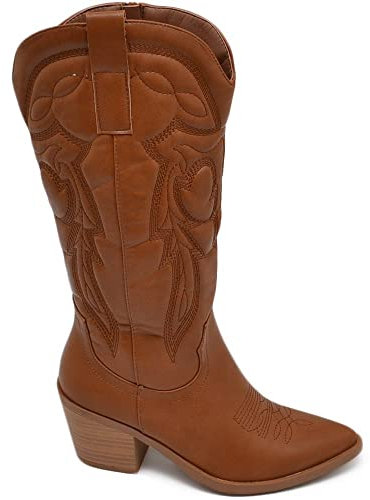 Stivali Donna camperos Cuoio Texani Stile Western con Cuciture in Rilievo Fulmine Tacco Legno 5 cm con Zip Laterale (39 EU)