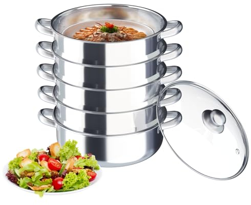 Vaporera de 30 cm, hervidor de vapor de 5 capas, de acero inoxidable, olla de vapor con tapa de cristal para el hogar, gran capacidad para cocinar al vapor simultáneamente, para sopa, pasta, pescado