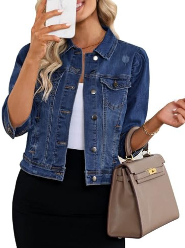 Vetinee Cute Jackets Pearl Denim Jacket for Women Women's Shacket Women's Western Jacket Cropped Denim Jacket for Women Women Shacket Lapis Storm Size Medium Fits UK Size 12 - UK Size 14