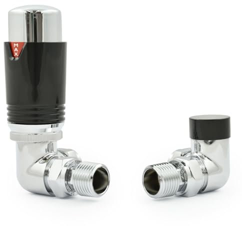 Hot Flow Chrome & Black Estuary Corner TRV Thermostatic Radiator Valve (Pair) Includes Corner TRV Body, Wheel Head, Lock Shield. for Quick & Easy Temperature Control.