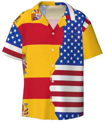 OdDdot Camisa de vestir para hombre con estampado de bandera de España americana, ajustada, manga corta, informal, para negocios, con botones, Negro, 4XL