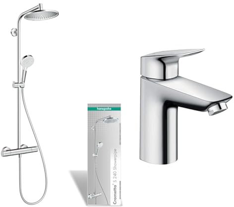 hansgrohe Crometta S - Colonne de douche avec mitigeur thermostatique, douche pluie 240 mm & Logis - Mitigeur de lavabo avec vidage Push-Open, Robinet de salle de bain avec hauteur