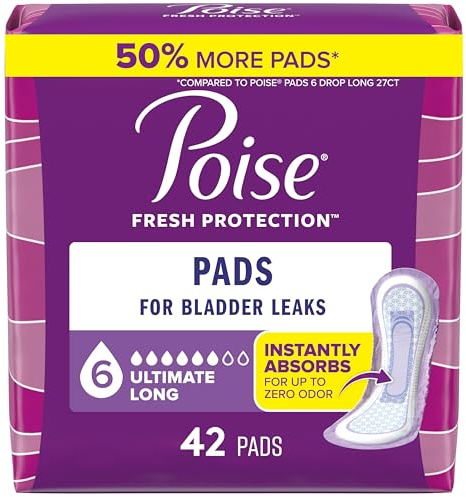 Poise Incontinence Pads & Postpartum Incontinence Pads, 6 Drop Ultimate Absorbency, Long Length, 42 Count, Packaging May Vary