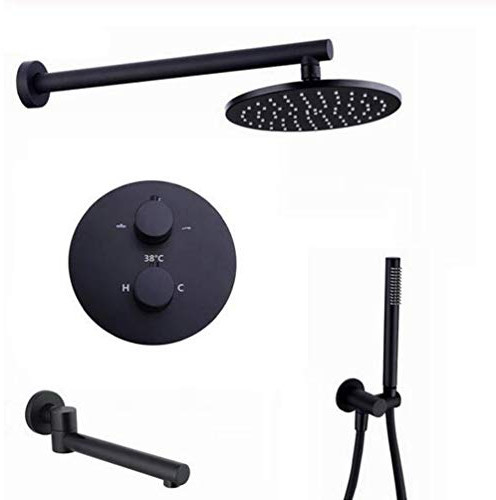 Duschsystem, Messing, schwarz, Thermostat-Duscharmaturen, 20,3–30,5 cm, Regenduschkopf, Badezimmer-Thermostat-Mischventil mit Handbrause + Badewannenarmatur, luxuriöses Duschset, 30,5 cm Dekoration