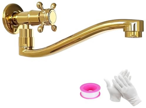 KOPYFANTAP Wandarmatur Kaltwasser Gold, Wasserhahn Wandmontage Lang, 360° Drehbar Wasserhahn Garten Wand, Waschtischarmatur Wandmontierte Bad, Kaltwasser für Küche, G1/2 (21cm)