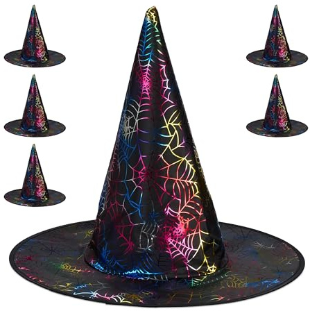 Relaxdays Hexenhut, 6er Set, glänzende Spinnweben, Kostümhut Halloween & Fasching, Hexenkostüm Accessoire, schwarz/bunt