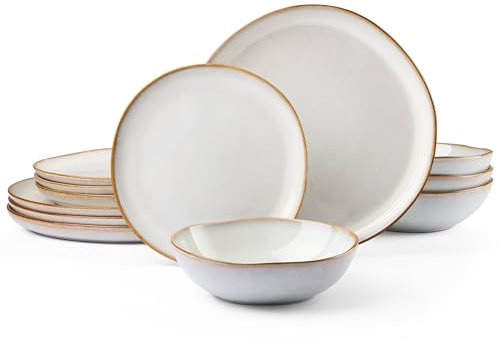 HaWare Service de table 12 pièces en céramique pour 4 personnes, résistant aux éclats et aux fissures, passe au micro-ondes et au lave-vaisselle, blanc perle réactif