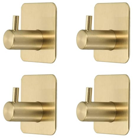 Self Adhesive Stainless Steel Hanger | (4-Pack) | Heavy Duty | Holds ≤16lbs (8kg) | Extra-Strong Stick On 3M Tape | Coat Hanger | Pet Accessory Hook | Stain and Rust Resistant | No Drilling (Gold)