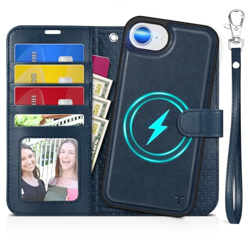 TUCCH Removable Wallet Case for iPhone 17e/16e (6.1), Dark Blue | 4 Card Slots, RFID Blocking, Wireless Charging, Kickstand, Wrist Strap, Shockproof TPU, PU Leather, Magnetic, Folio Cover