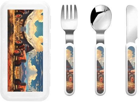 Cubiertos para niños con diseño de tractor rojo de granja, juego de 3 piezas de cuchillo, tenedor y cuchara, juego de protección de cubiertos para niños, cubiertos reutilizables portátiles para exteri