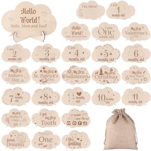 YXSJAS 13 Sets Baby Milestone Cards 15cm Wooden Monthly Milestone Cards with Stand Storage Bag Double-Sided Baby Growth Photo Props for Newborn Pregnancy Journey