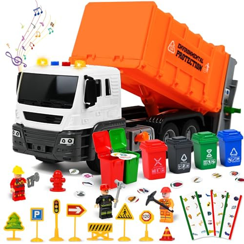 Joellfuner Camion Poubelle Jouet, Jouet à Friction, Véhicule Sanitaire avec 4 Poubelles Latérales, Camion à Ordures avec Lumière et Son, Voiture Jouet pour Les Enfants de Plus de 3 Ans (Orange)