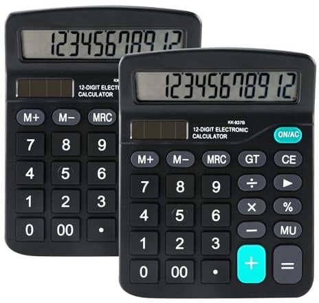 Pavlleen 2er-Pack Taschenrechner, Tischrechner 12 Ziffern mit großem LCD-Display und empfindlicher Taste, Dual-Power (Solar und Batterie), für Büro, Zuhause und Schule, Tischtaschenrechner Schwarz
