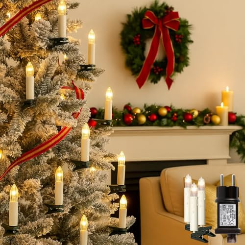 Cadena de luces para árbol de Navidad, 30 luces LED para árbol de Navidad, cadena de luces para interior con clip, 30 luces, longitud iluminada de 12 m, velas para árbol de Navidad, color blanco