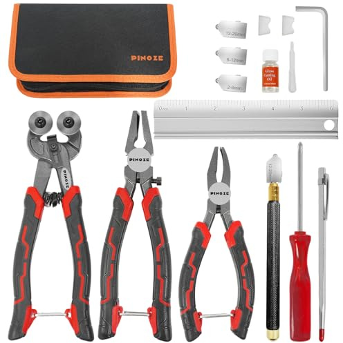 PINOZE 14-Piece Glass Cutting Tool Kit, Glass Cutter 2-20MM, 8/20cm Wheeled Tile Nippers & Glass Running Pliers, Breaker Grozer Pliers, Aluminum Cutting Ruler for Stained Glass, Tiles, Mosaic Cutting