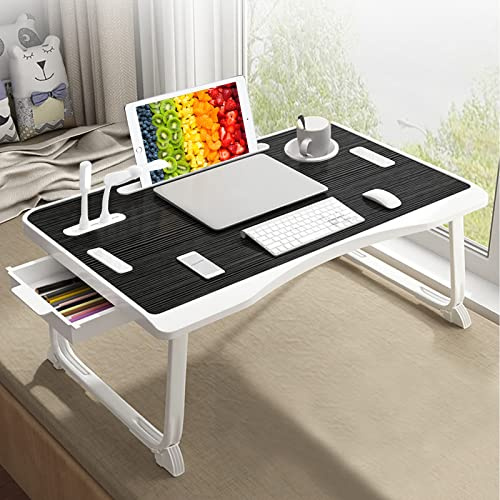 Table de lit USB pour Ordinateur Portable, Plateau Pliable avec Port de Charge USB, poignée, Fente pour Carte de Bureau/Tasse, tiroir latéral, Support Portable pour Manger, Lire, Travailler, Camping
