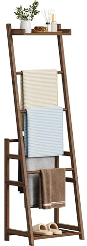 HOOBRO Blanket Ladder, 6-Tier Towel Ladder, Bamboo Blanket Rack, Blanket Stand with 2 Shelves for Bedroom, Quilt Ladder for Living Room, Bedroom, Decorative Display Ladder Shelf, Mocha EMA124CJ01