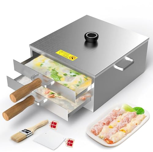 WantJoin Rice Noodle Roll Steamer Machine - 2 Layers Chinese Cantonese Cheung Fun Changfen Maker for Commercial and Home Use with Extra Stainless Steel Holed Steam Tray and Long Wooden Handle