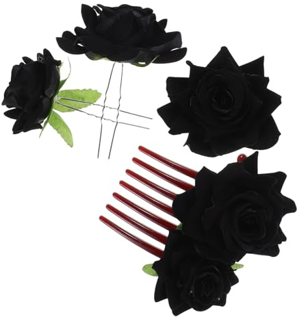 SOIMISS Lot de 4 Set de Accessoires de Coiffure Mariage Noirs avec Peigne Latéral Fleuri, Clips à Cheveux de Rose Artificielle et Broche Épingle Décorative, pour Mariée, Fêtes et Flamenco