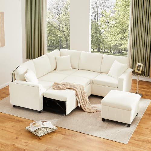 Muskel Chenille L-Form Ecksofa mit Schlaffunktion 205– Multifunktionales Schlafsofa mit Hocker und Stauraum, Leselampe, USB & Type-C Anschluss, Ausklappbarer Couchtisch mit Getränkehaltern (Weiß-L-A)