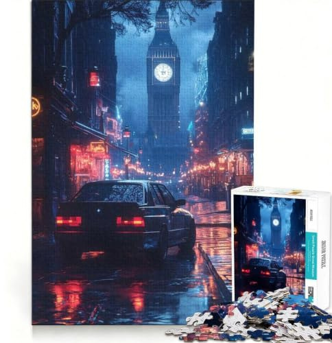 Puzzle für Teenager 1000 Teile regnerische BMW ME Nacht in London mit Bigben Lernspielzeug verbessert das Gedächtnis mit passendem Poster und Quizblatt 38x52cm