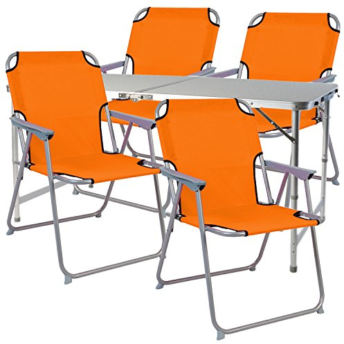 Mojawo 5-TLG. Campingmöbel Set Alu 120x60x58/70cm 1x XXL Campingtisch mit Tragegriff + 4 Campingstühle Orange Stoff Oxfort