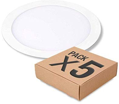 CABLEPELADO Pack 5 Downlight LED 18W redondo | extraplano para empotrar | Aro blanco aluminio | Medida 225mm | Luz Cálida 3200 k | 1600 Lumens | 5 unidades | Clase a+