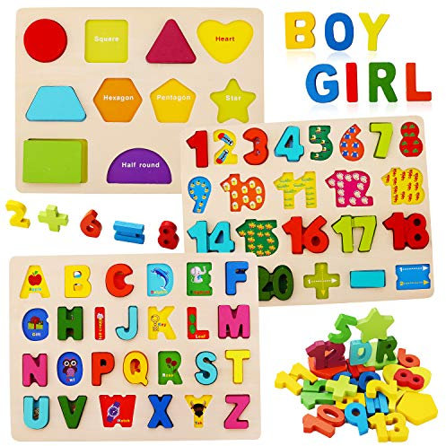 Kesletney Wooden Puzzles for Toddlers, Alphabet Number Shape Learning Puzzles for Kids, Preschool Educational Toys for Boys Girls Ages 3-6 Years Old