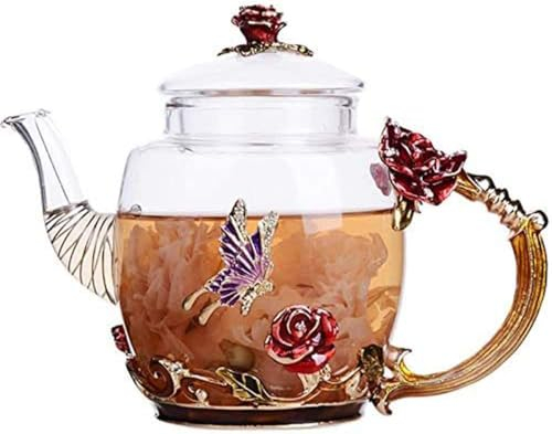 YBK Tech Enamel Glass Teapot in Gift Box, Small Teapot for Kung Fu Tea (Red Rose)