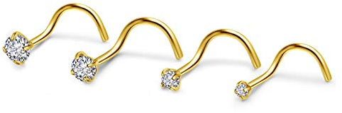PiercingJak 4 Pcs Lot Piercings Nez Courbe 20Ga Boucle de Nez en Acier Inoxydable Zircon Blanc 1,5mm/2,0mm/2,5mm/3,0mm Bijoux de Corps Femme Homme(Or)
