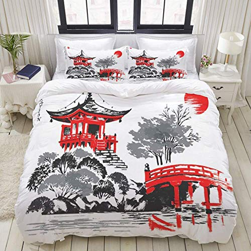 Yaoni Bettbezug, Aquarell Landschaft Daigoji Herbstsaison Kyoto Japan Japanische Vintage rote asiatische Zeichnung Skizze Asien, Bettwäsche-Set Bequeme leichte Luxus-Mikrofaser-Sets