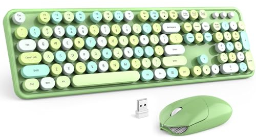 MOFII Tastiera e mouse wireless Combo, retro verde, 2,4 GHz, tastiere colorate con tasti rotondi, grazioso mouse wireless per laptop, PC, Chromebook, Smart TV, computer, Windows