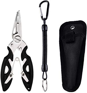 LAIBOREC Fishing Pliers, Multi-Function Hook Remover Split Ring Fishing Gears Accessories, Stainless Steel Line Cutter with Sheath and Lanyard Fly Fishing Tools Set