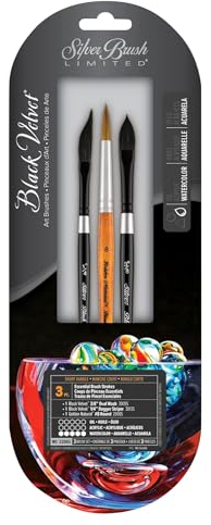 Silver Brush Limited - Assortiment de 3 pinceaux pour l’Aquarelle WC-3206S Black Velvet - Golden Natural Rond Taille 8, Black Velvet Langue de Chat Taille 3/8 et épée Taille 1/4