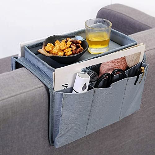 Sofa Armlehne Organizer Faltbar Sofa Butler mit Tablett Caddy Tasche Couch Sessel TV Fernbedienung Halter Hängen Sofatablett Couch Aufbewahrungstasche für Snacks, Getränke, Magazin, Handy iPad
