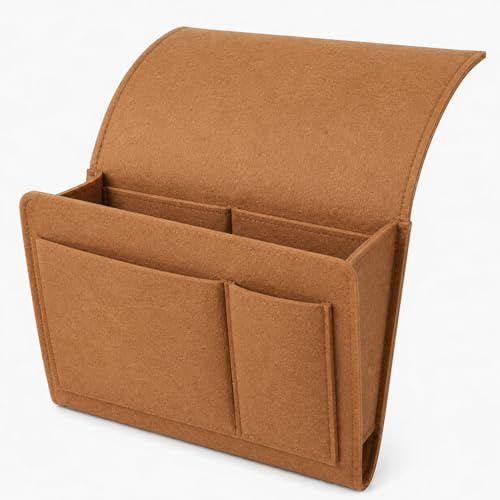 Bedside Caddy, Brown Felt Bedside Organiser, Hanging Bed Storage Pocket for Bed, Sofa, Armchair and Bunk Bed, Bed Pocket Organiser for Remote, Phone, Glasses, Tablet, Books and Charging Cables