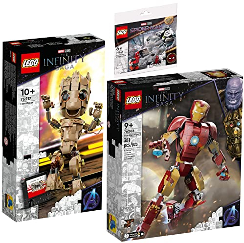 Lego Set of 3: 76217 I Am Groot, 76206 Iron Man Figure & 30443 Spider-Mans Bridge Duel